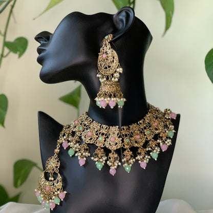 ZAIRAH | Soft Pink & Mint Gold Necklace Set