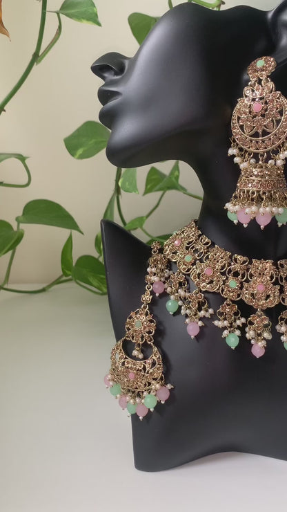 ZAIRAH | Soft Pink & Mint Gold Necklace Set